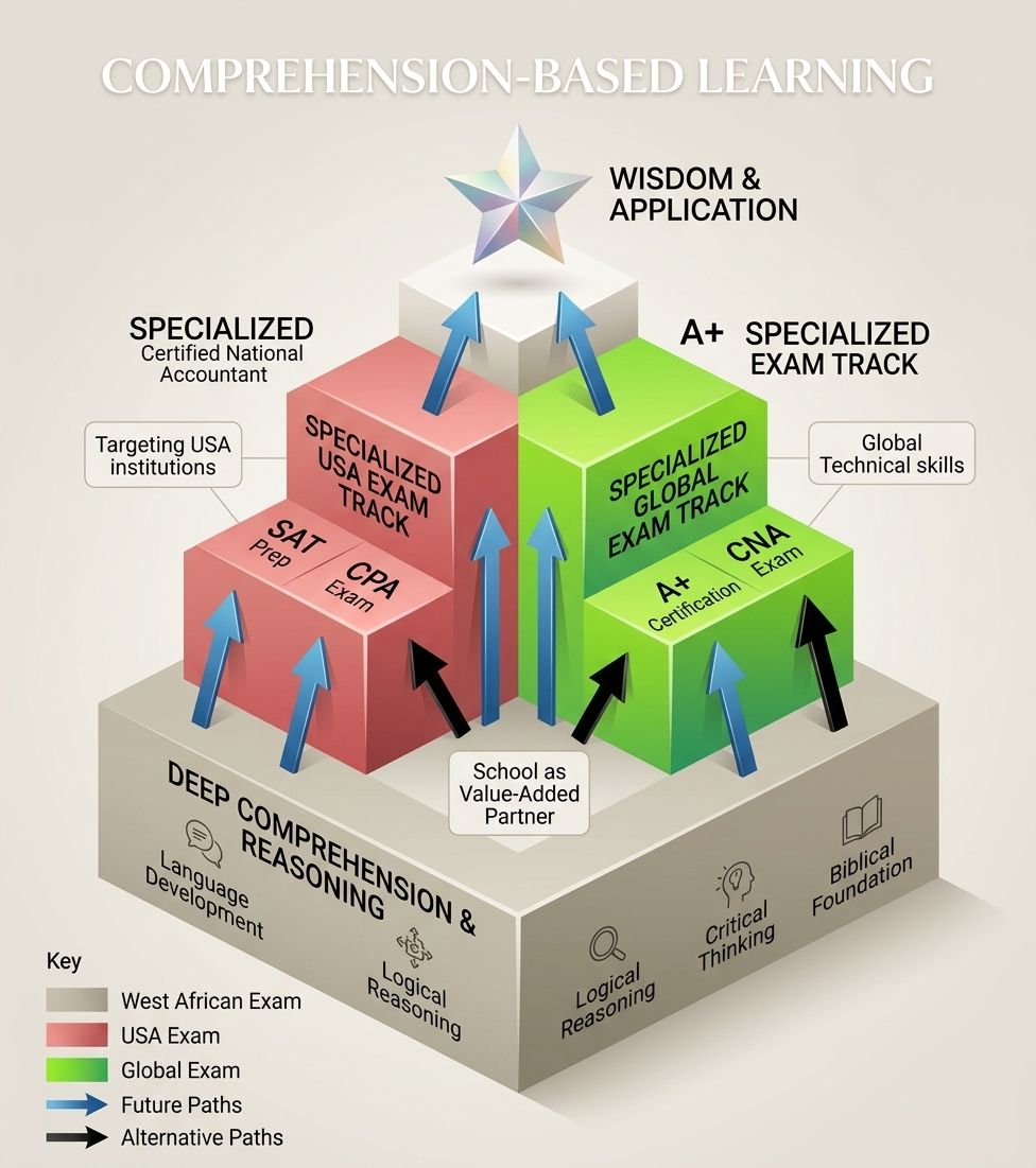 A pyramid titled Comprehension-Based Learning. The wide base is labelled Deep Comprehension and Reasoning, and carries language development, logical reasoning, critical thinking and a biblical foundation. Two specialised exam tracks rise from it, one for United States exams such as the SAT and CPA, one for global exams such as the A plus and CNA, with the school marked as a value-added partner. At the apex is a star labelled Wisdom and Application.